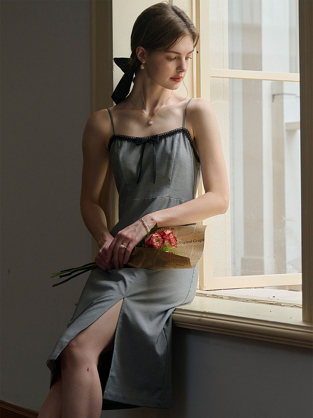 【Final Sale】Valeria Sweet Bow Houndstooth Slip Dress
