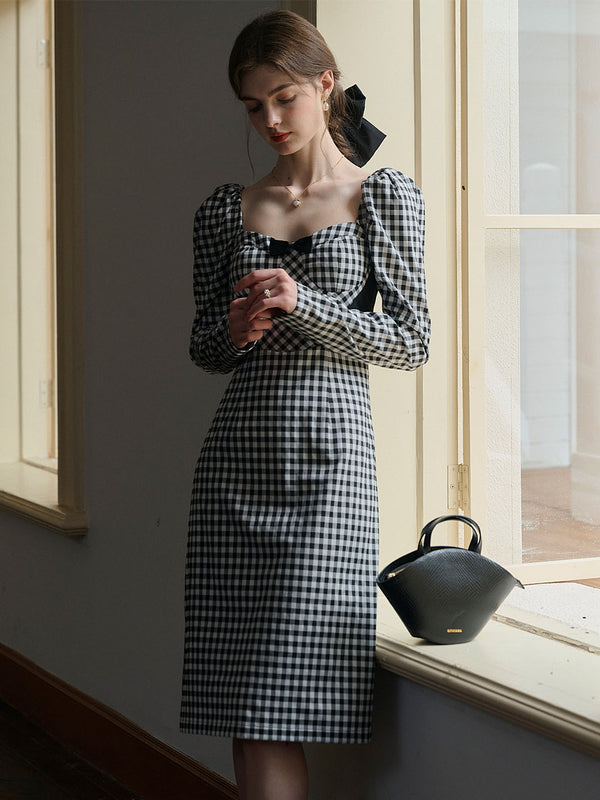 【Final Sale】Catalina French Square Neck Puff Sleeve Bow Plaid Dress