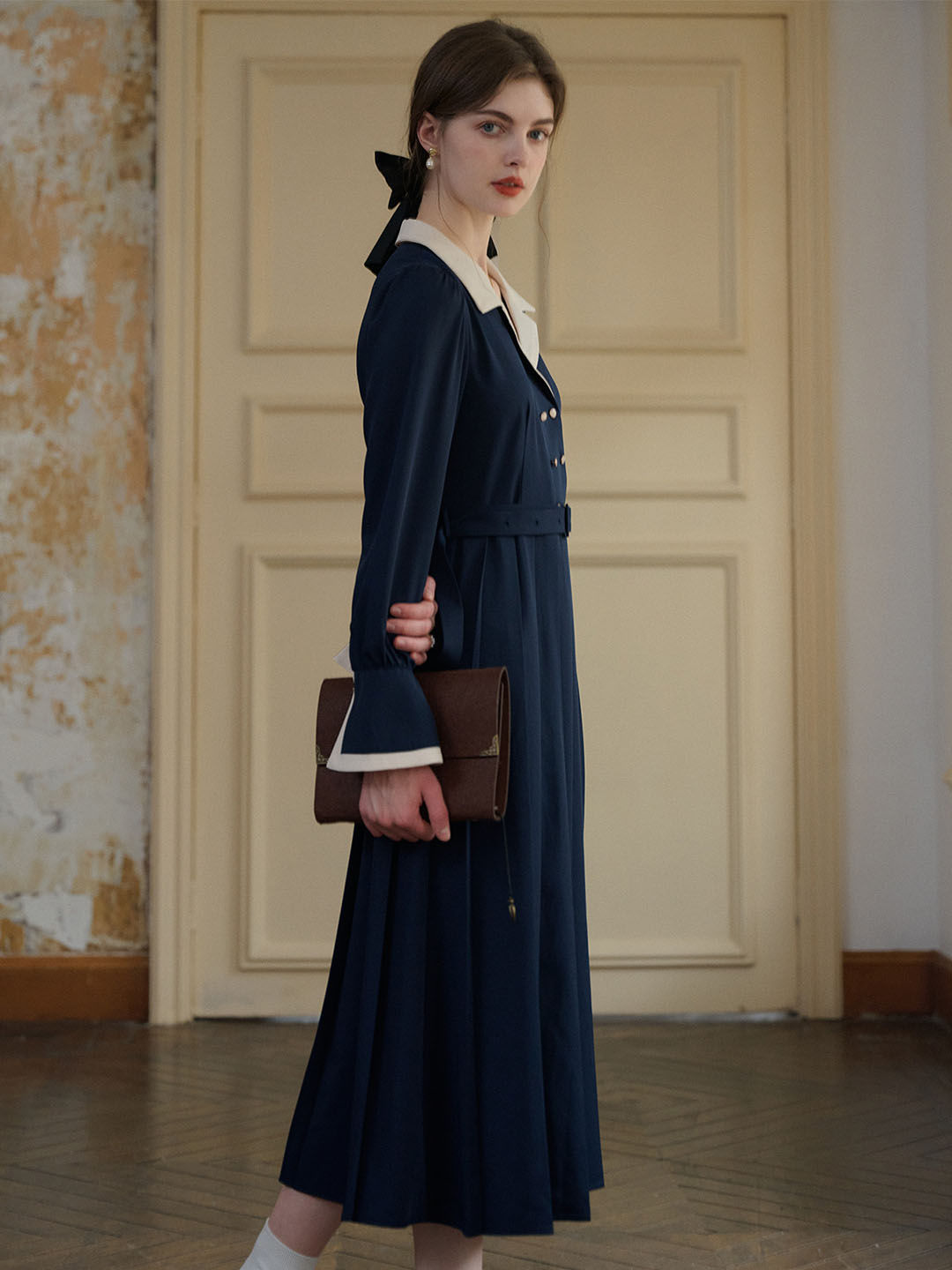 retro navy blue dress Retro Stage Sleeveless Belted Lapel Dress Navy Blue