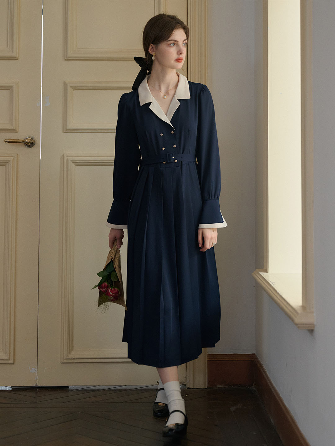 Simone Vintage Double Breasted Colorblock Collar Navy Dress