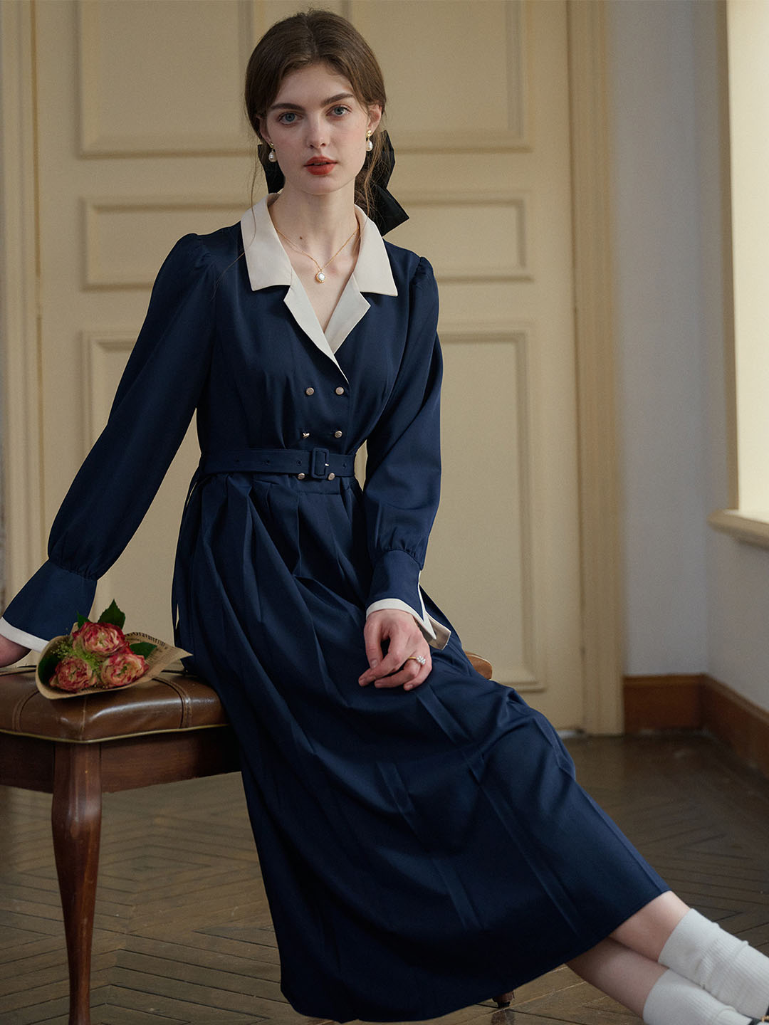 Simone Vintage Double Breasted Colorblock Collar Dress