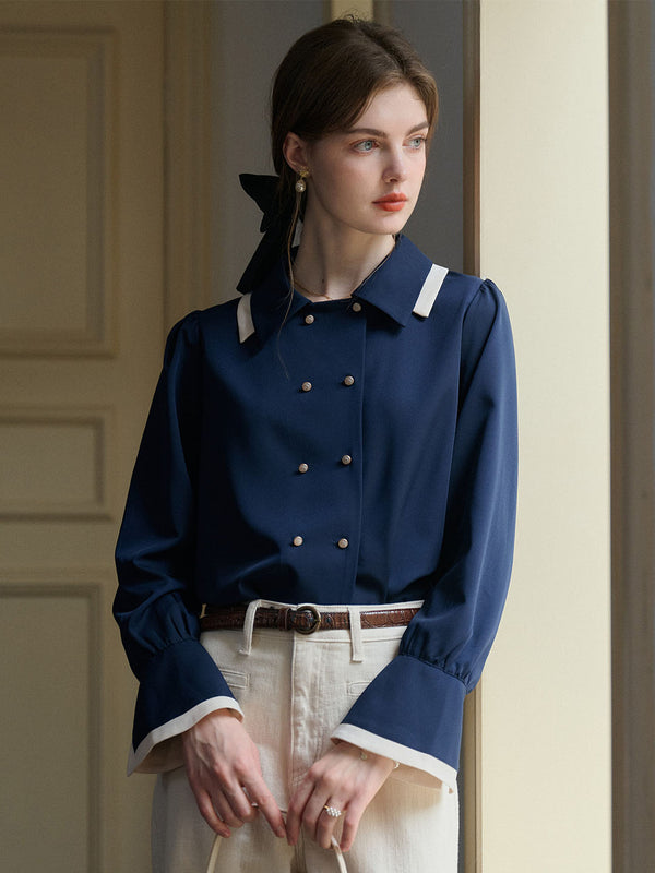 【Pre-order】Rebekah Vintage Double Breasted Colorblock Collar Navy Blouse