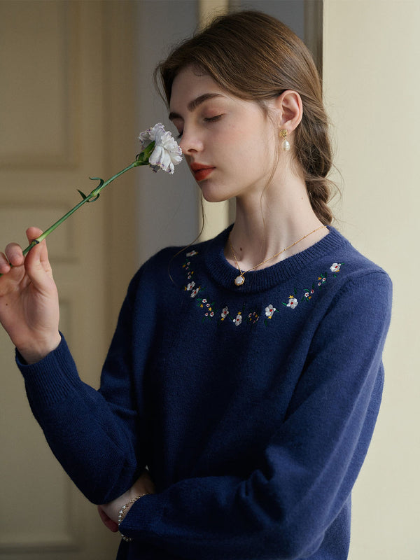 Elsa Floral Embroidery Christmas Blue Knit Sweater