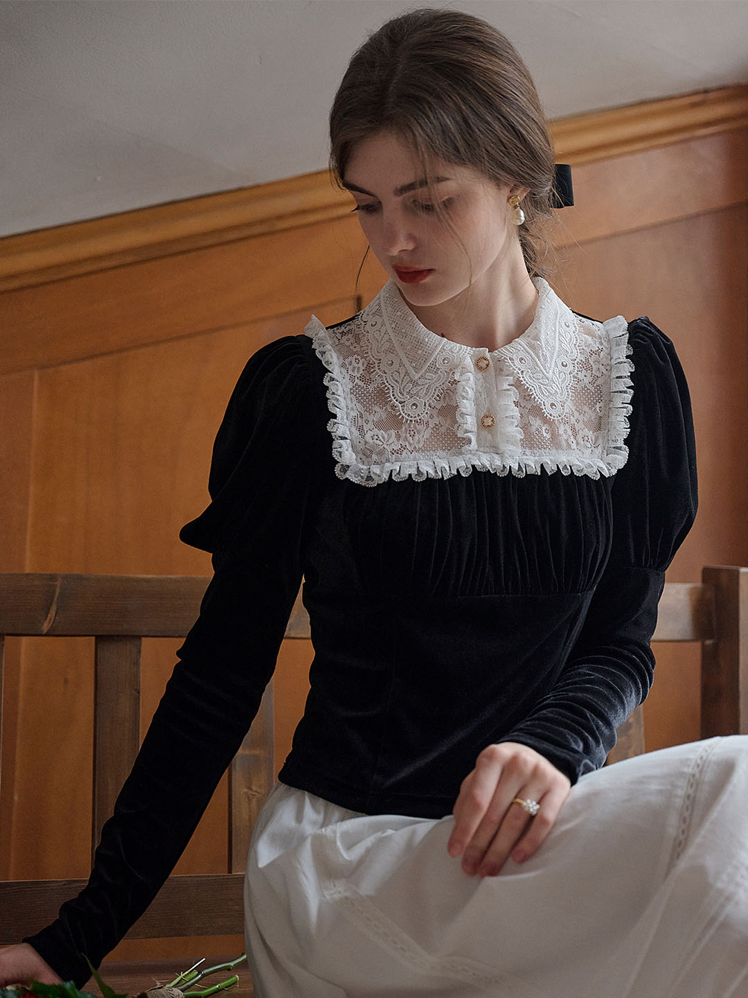 Magnolia Doll Collar Lace Paneled Puff Sleeve Velvet Blouse