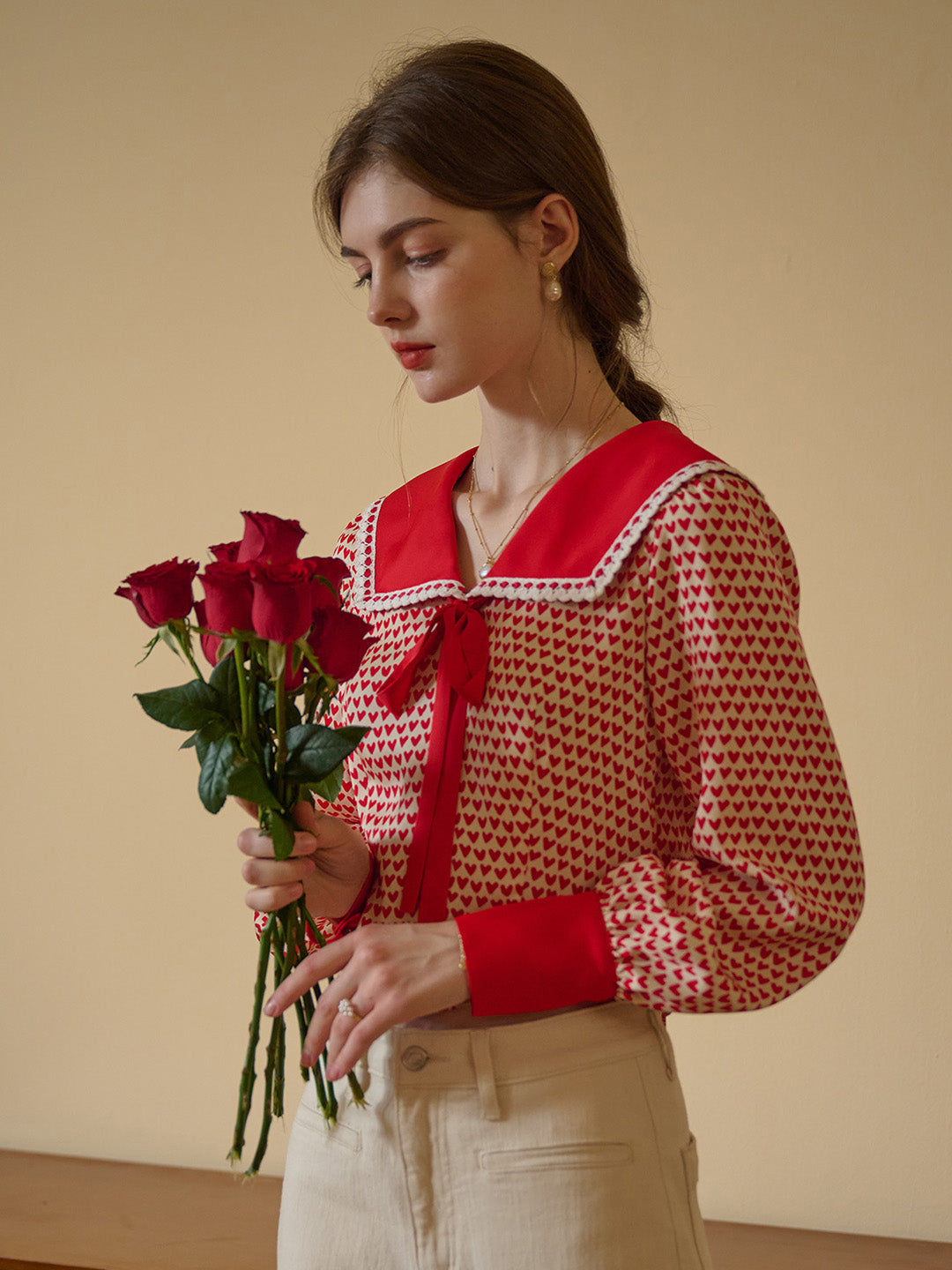 【Final Sale】Liberty Navy Collar Contrasting Bow Heartcore Blouse
