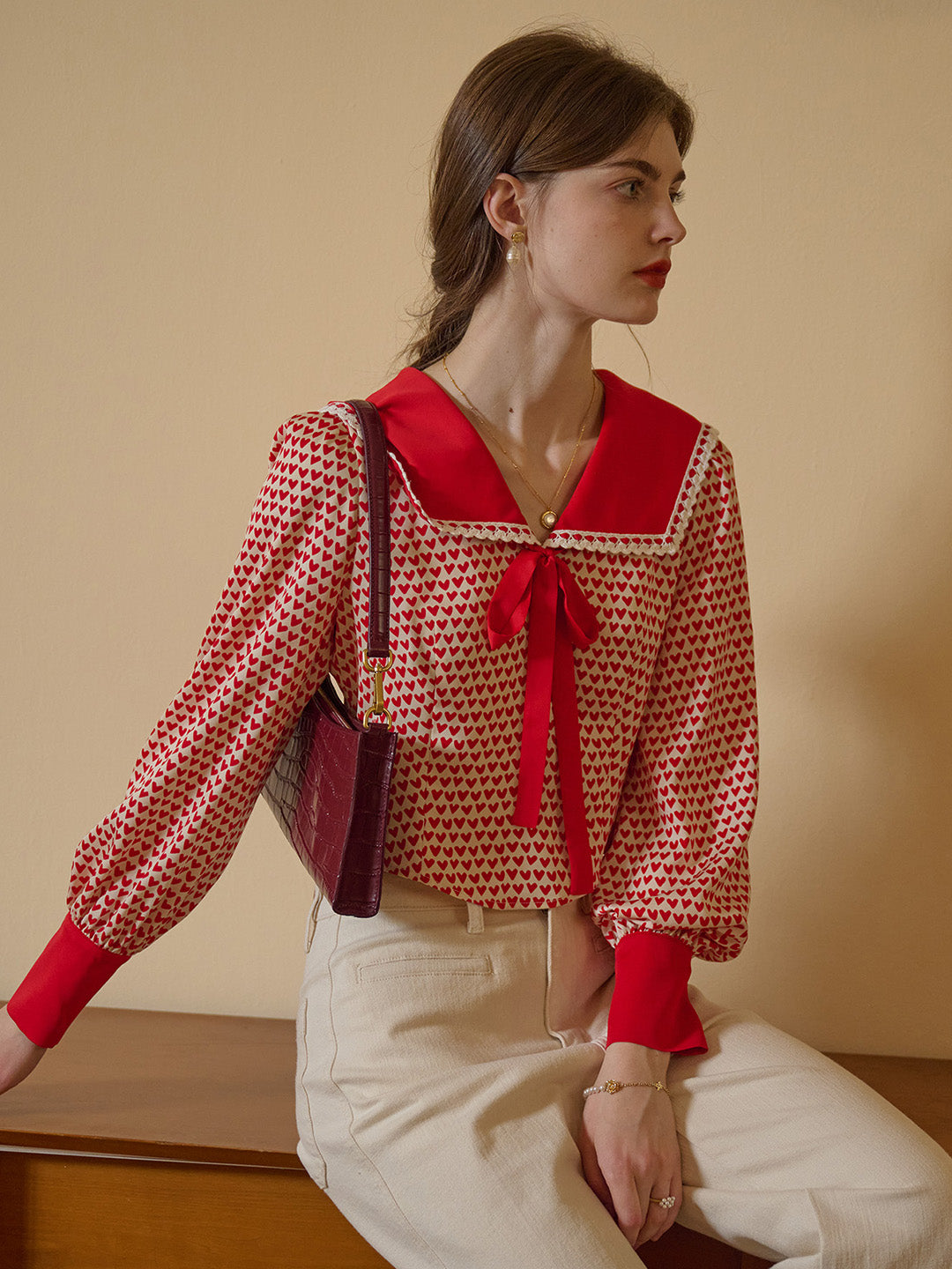 【Final Sale】Liberty Navy Collar Contrasting Bow Heartcore Blouse