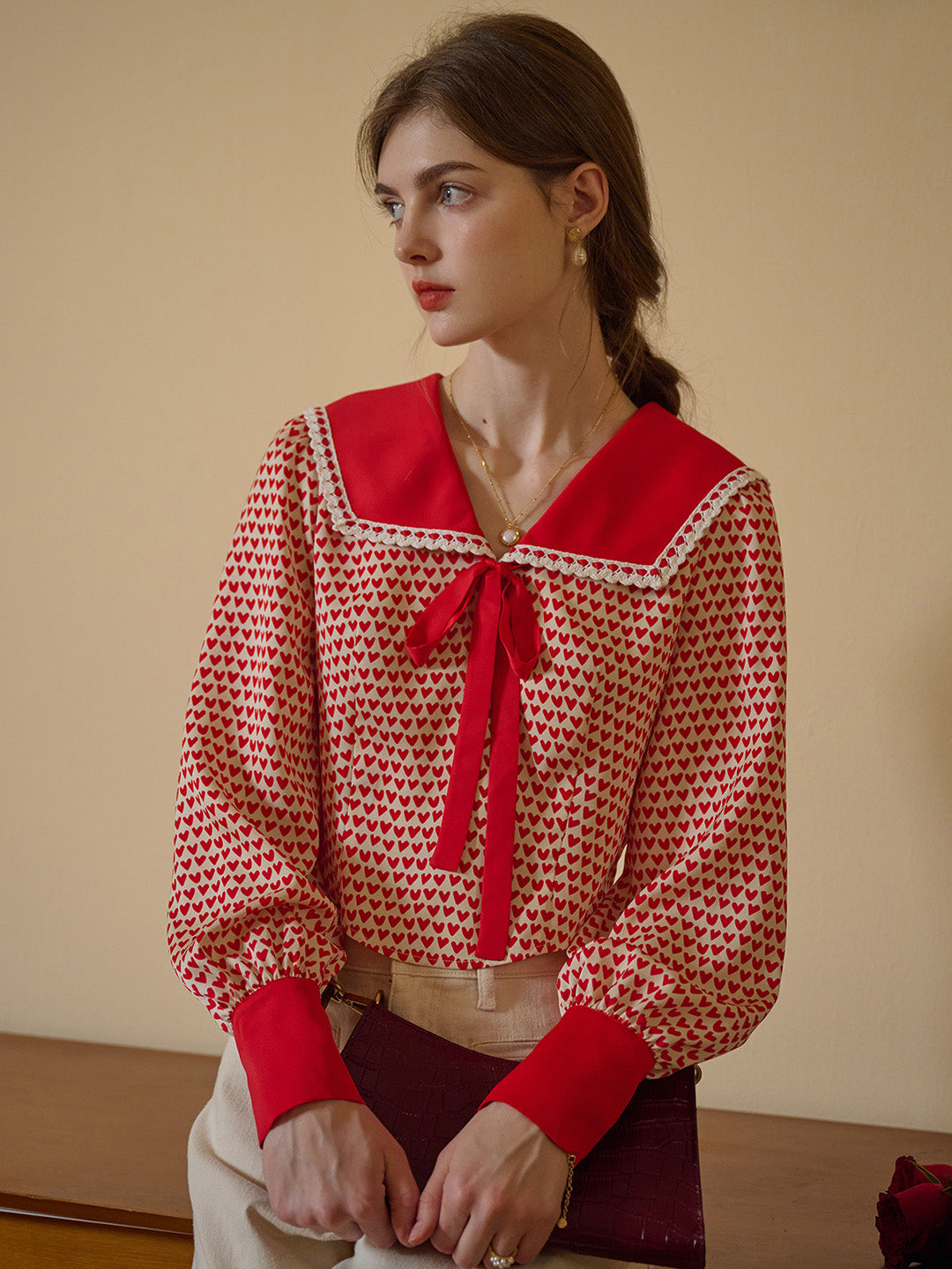 【Final Sale】Liberty Navy Collar Contrasting Bow Heartcore Blouse