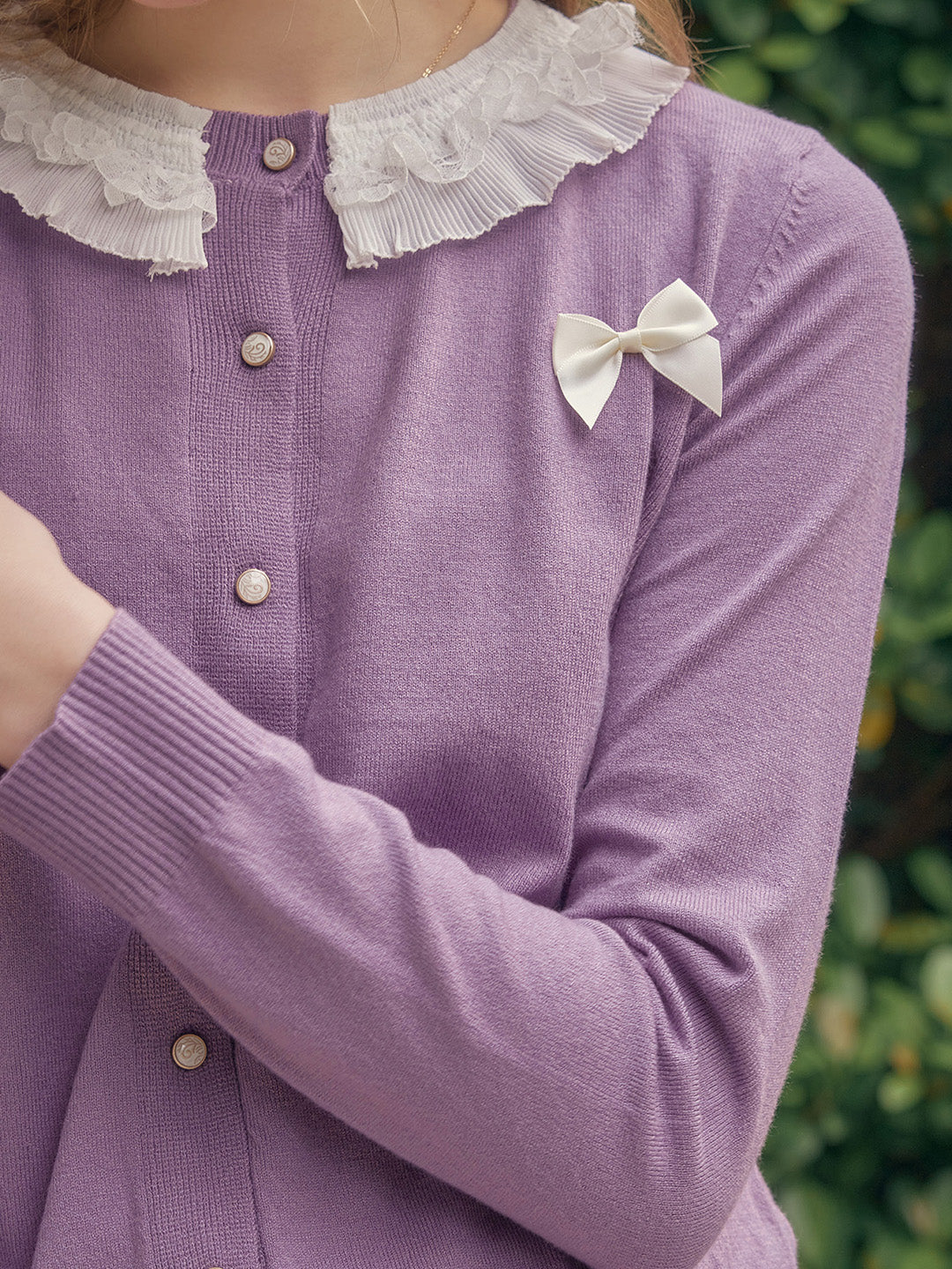 【Final Sale】Ruby Lace Lapel Contrasting Bow Cardigan - Purple