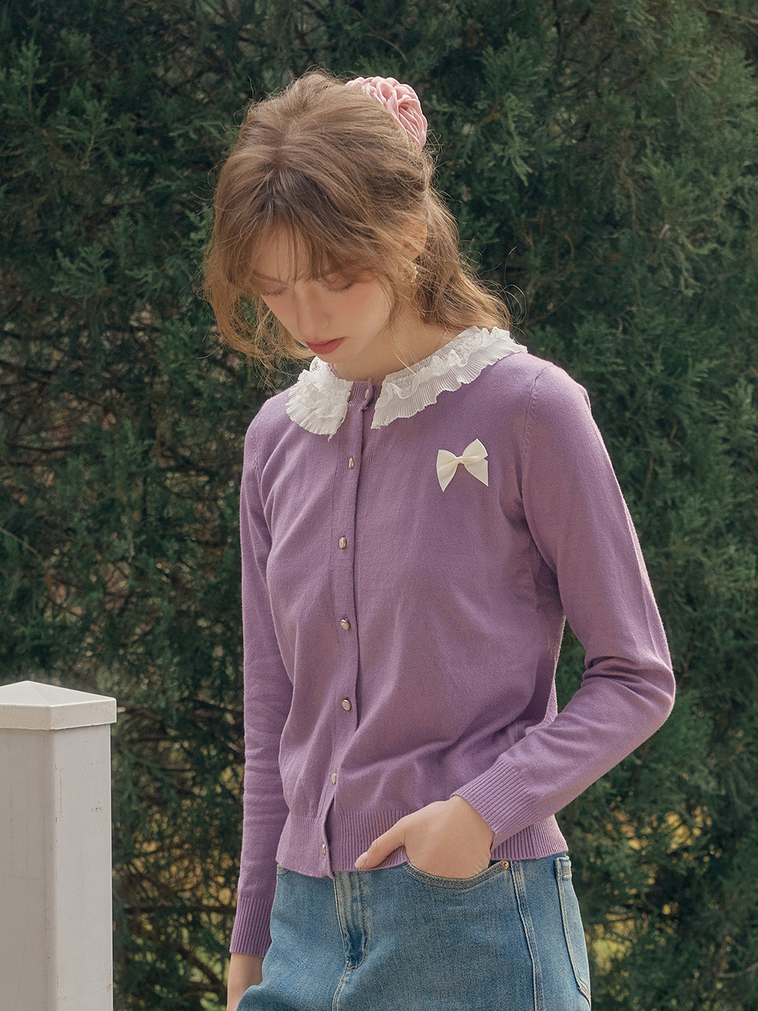 【Final Sale】Ruby Lace Lapel Contrasting Bow Cardigan