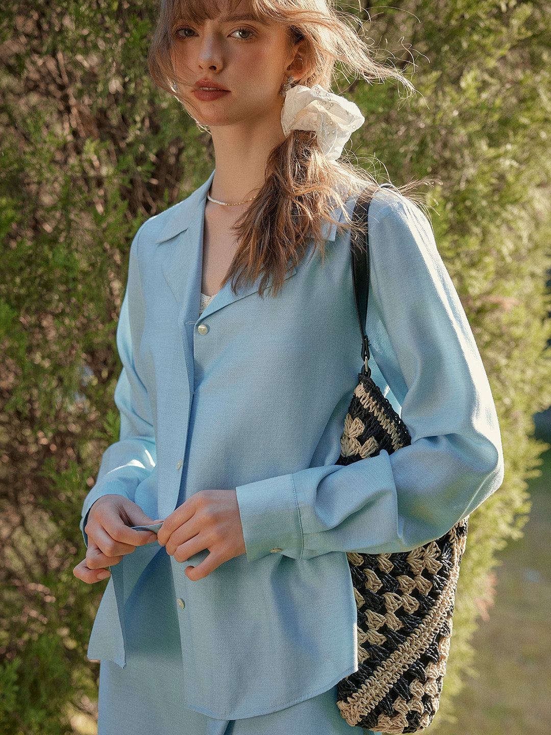 Isla V-Neck Lapel Wool Shirt- Blue