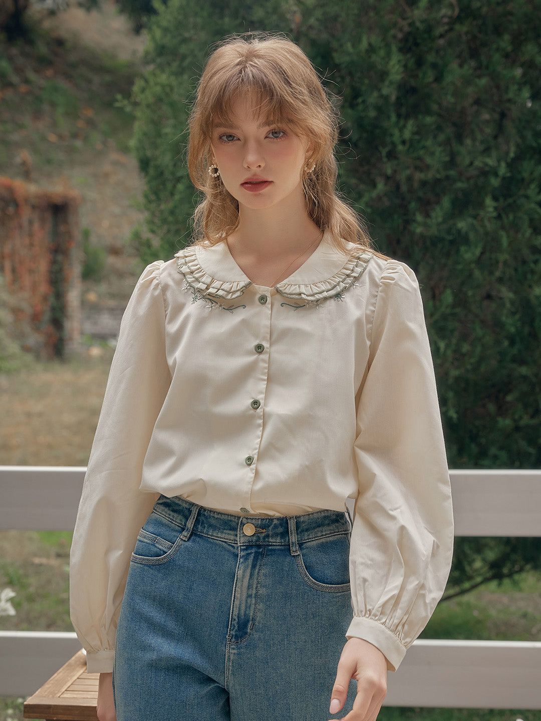 【Final Sale】Maren Peter Pan Collar Floral Embroidery Blouse - Apricot