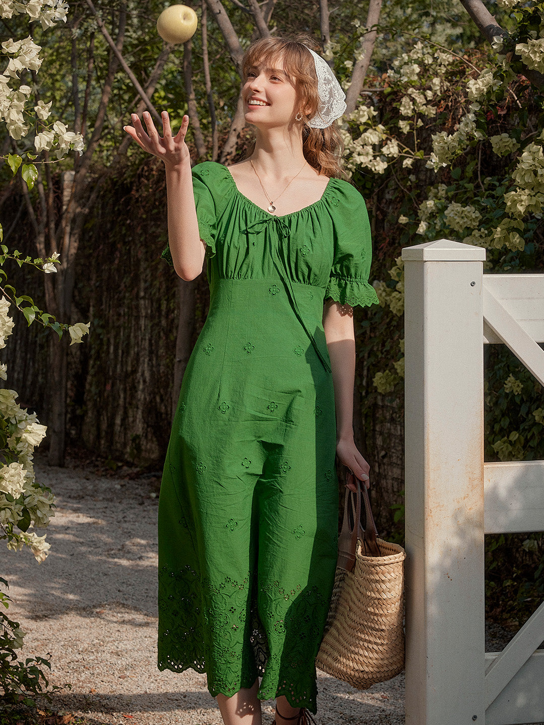 Maya Square Neck Embroidery Puff Sleeves Dress