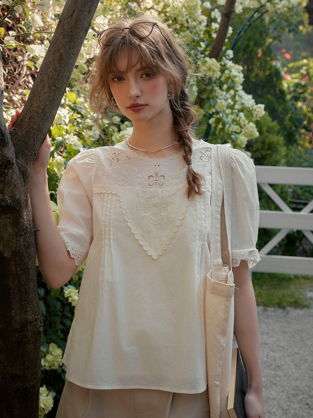 Sally Round Neck Embroidered Victorian Cotton Blouse
