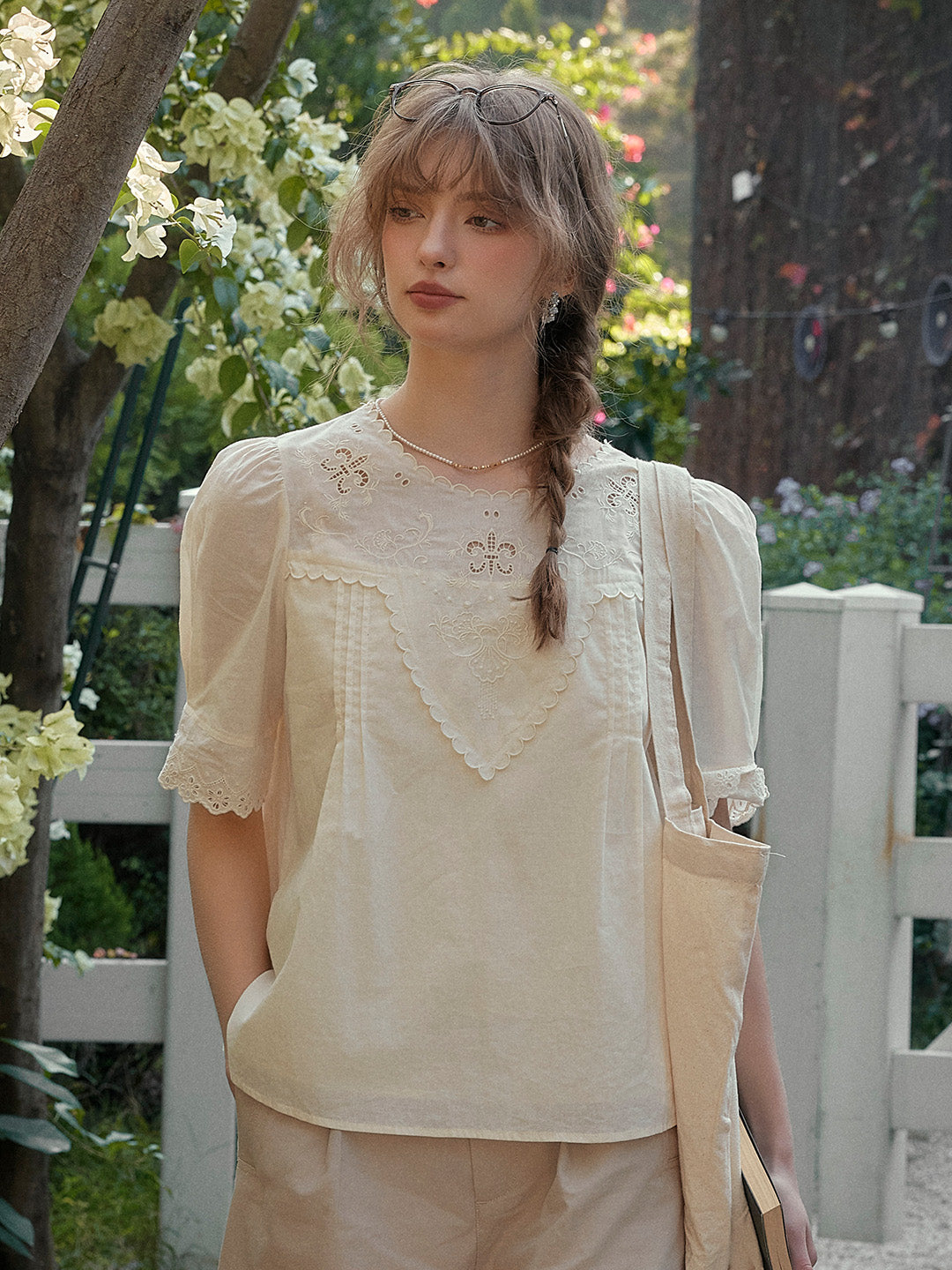 Sally Round Neck Embroidered Victorian Cotton Blouse