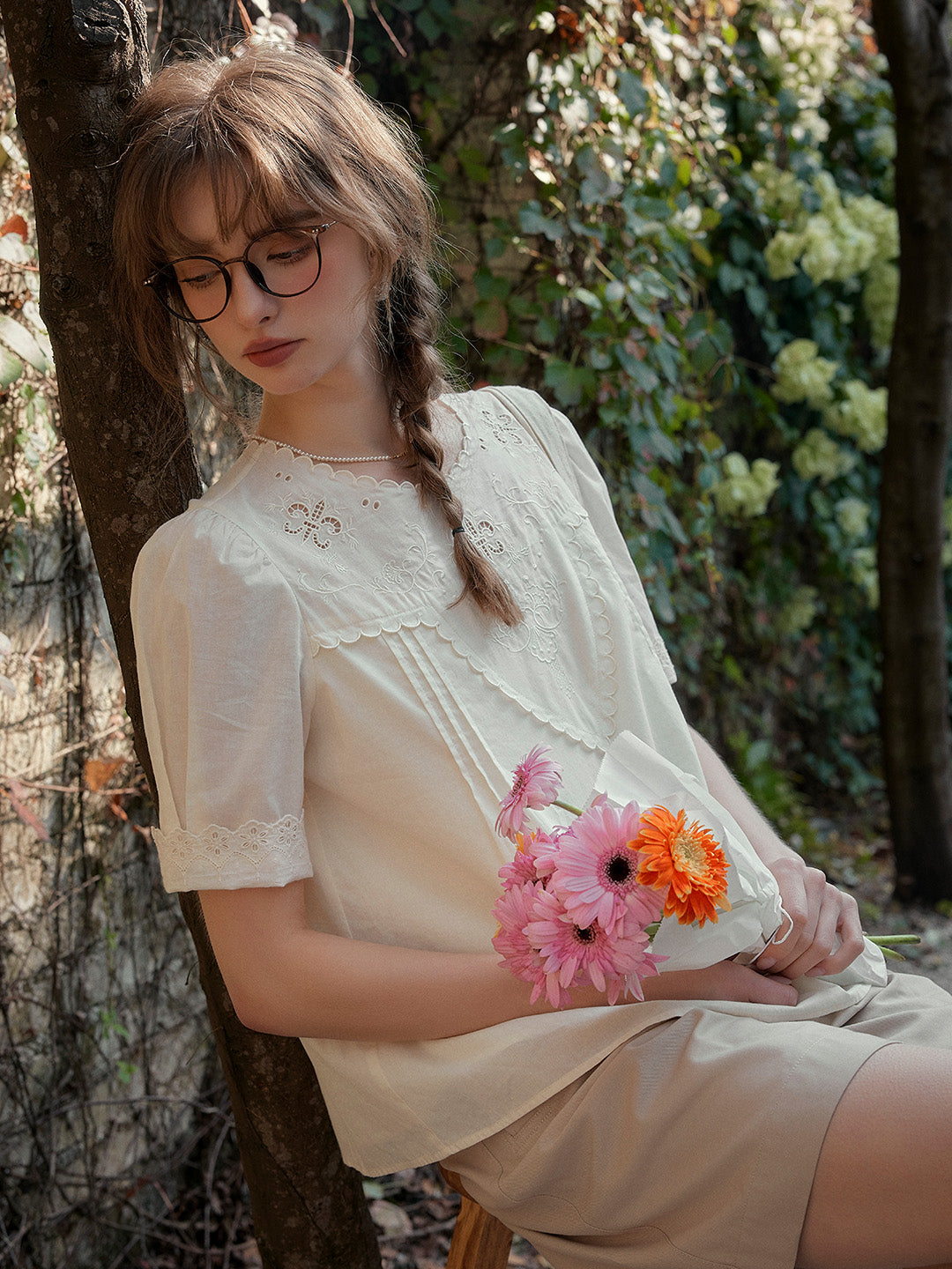 Sally Round Neck Embroidered Victorian Cotton Blouse