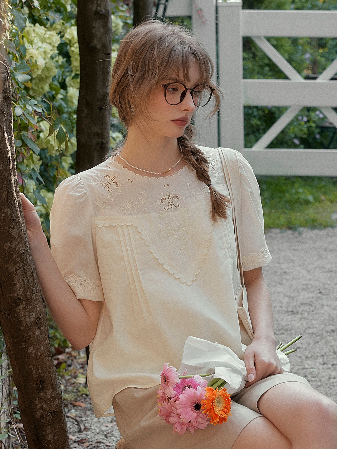 Sally Round Neck Embroidered Victorian Cotton Blouse
