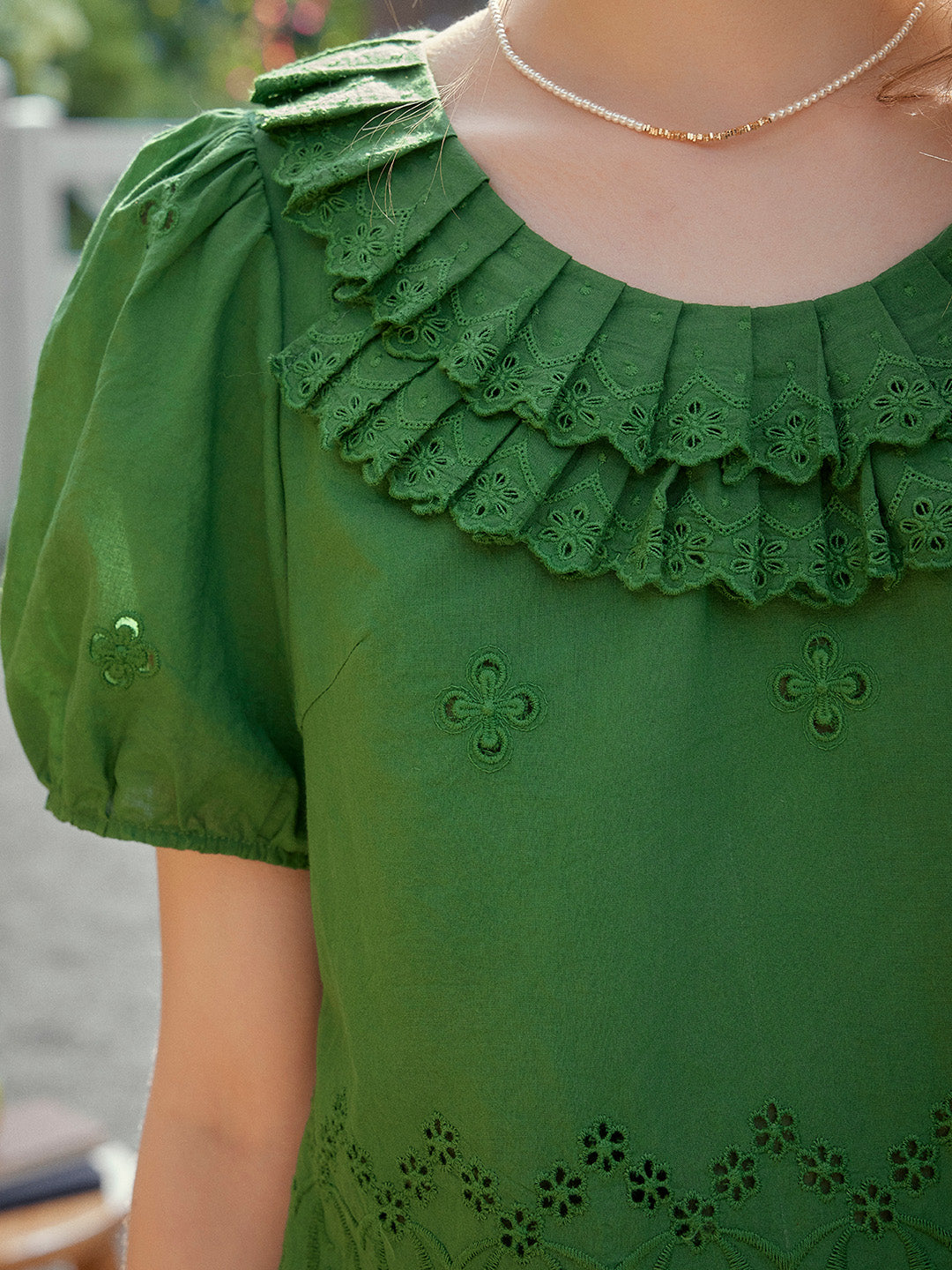Josie Round Neck Embroidery Puff Sleeves Top