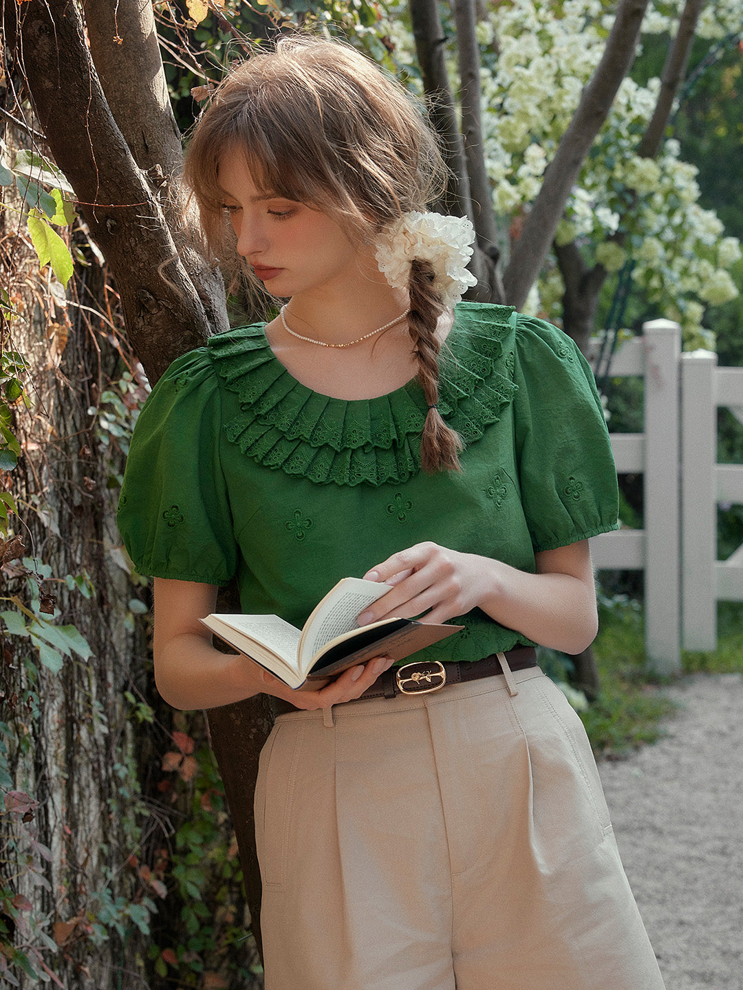 Josie Round Neck Embroidery Puff Sleeves Top