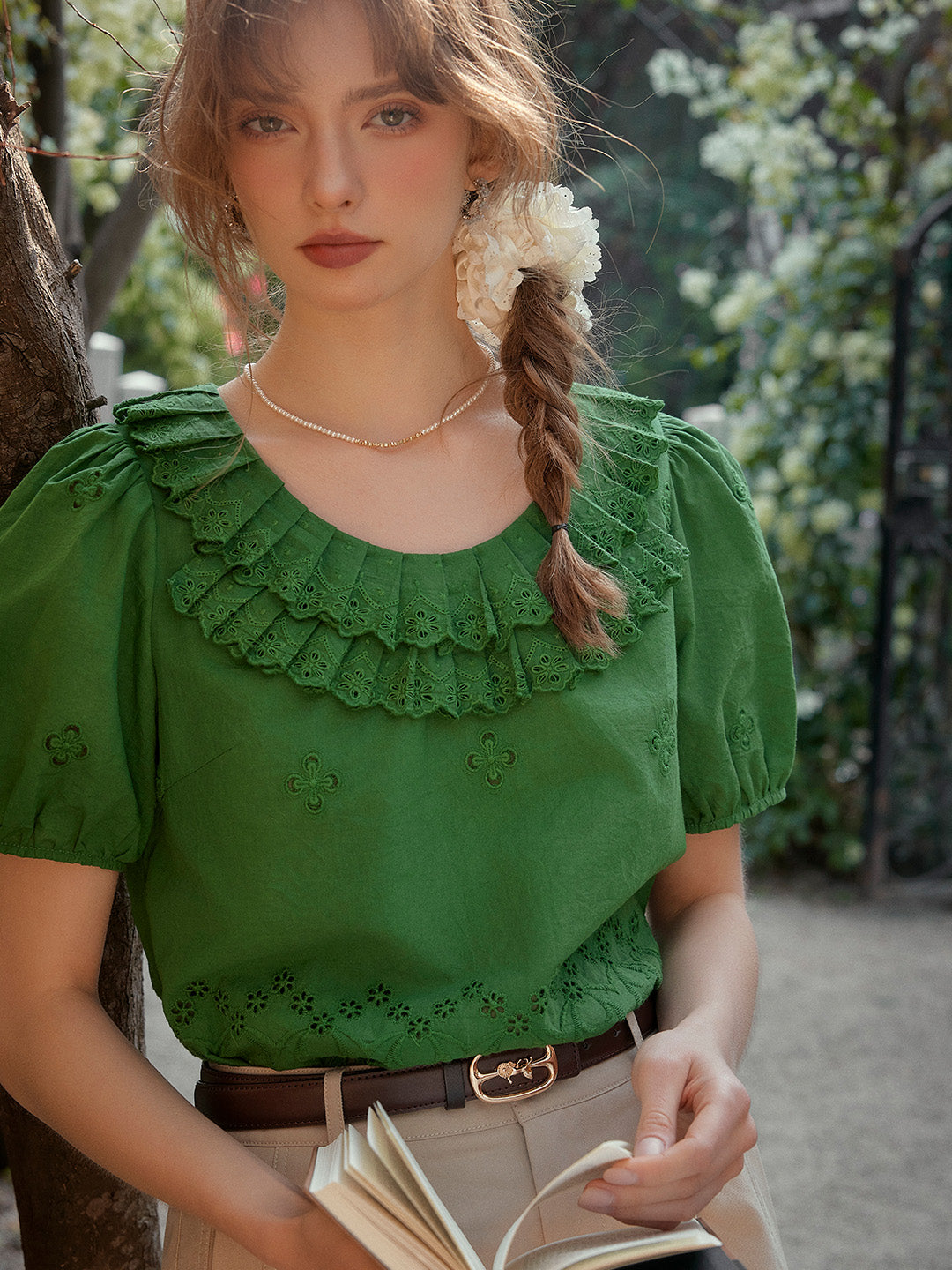 Josie Round Neck Embroidery Puff Sleeves Top