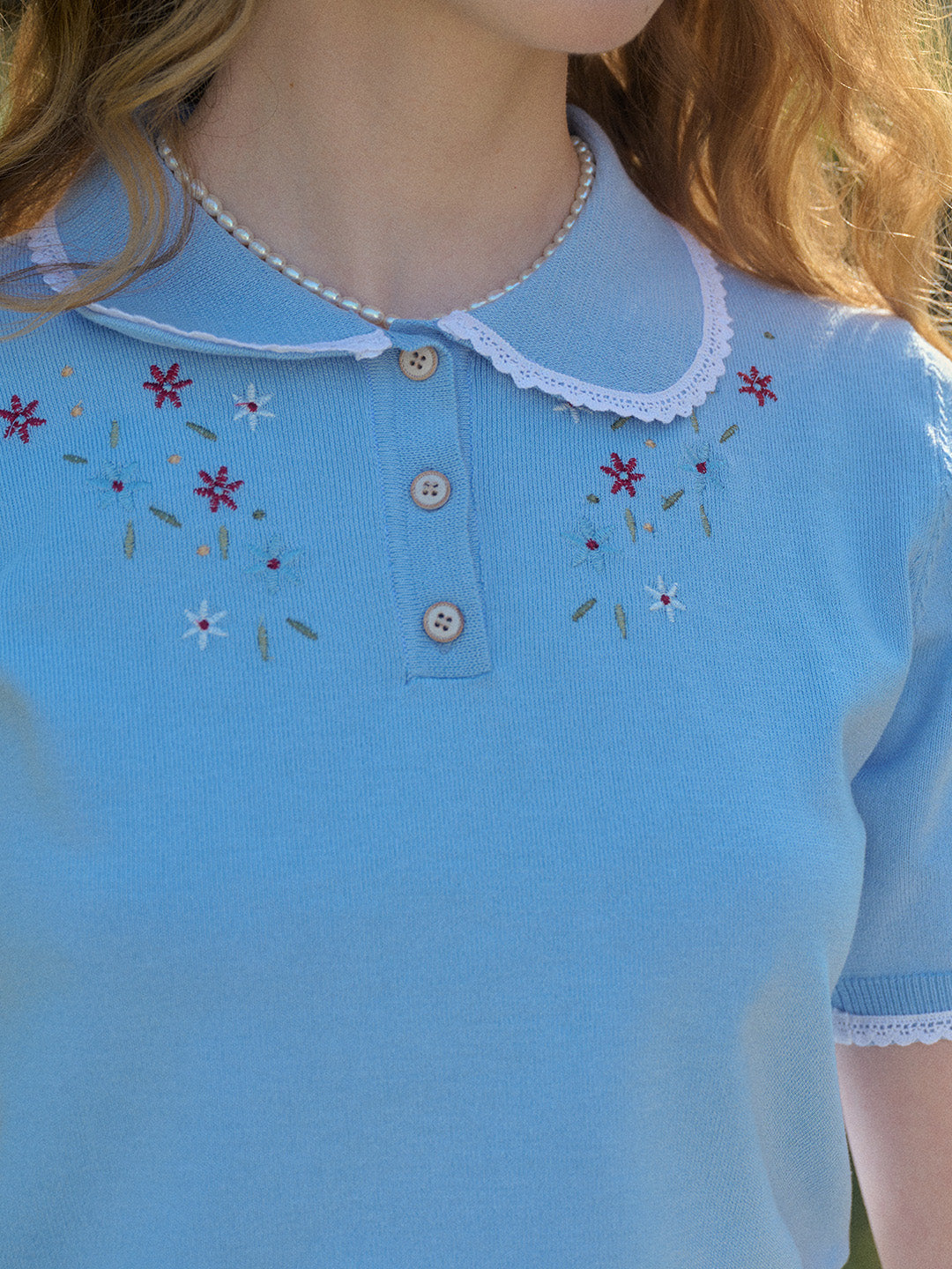 【Final Sale】Roselyn Notched Lapel Contrasting Trim Embroidery Top