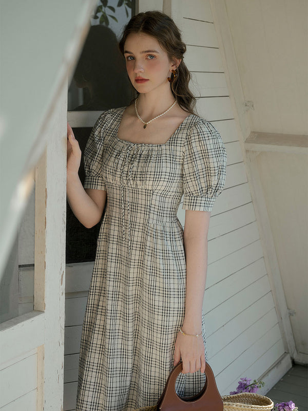 Camille French Square Neck Tie Puff Sleeves Plaid Cotton Dress