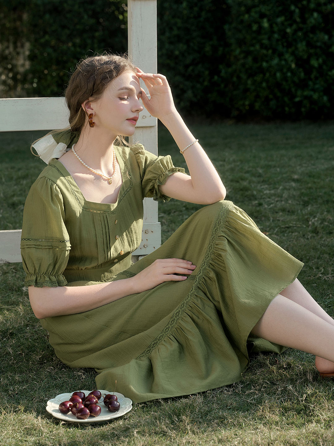 【Final Sale】Serena Square Neck Puff Sleeve Lace Hollow Dress- Olive Green