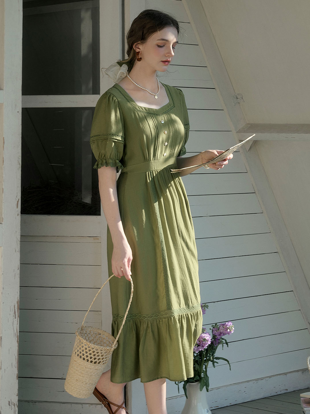 【Final Sale】Serena Square Neck Puff Sleeve Lace Hollow Dress- Olive Green