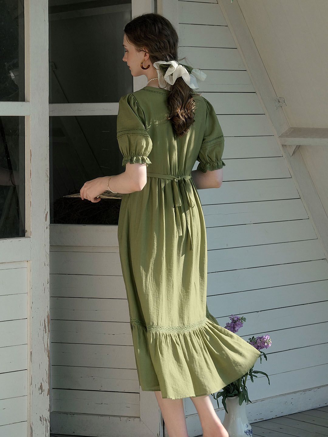 【Final Sale】Serena Square Neck Puff Sleeve Lace Hollow Dress- Olive Green