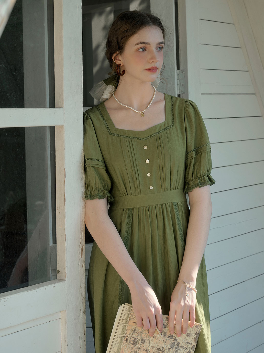 【Final Sale】Serena Square Neck Puff Sleeve Lace Hollow Dress- Olive Green