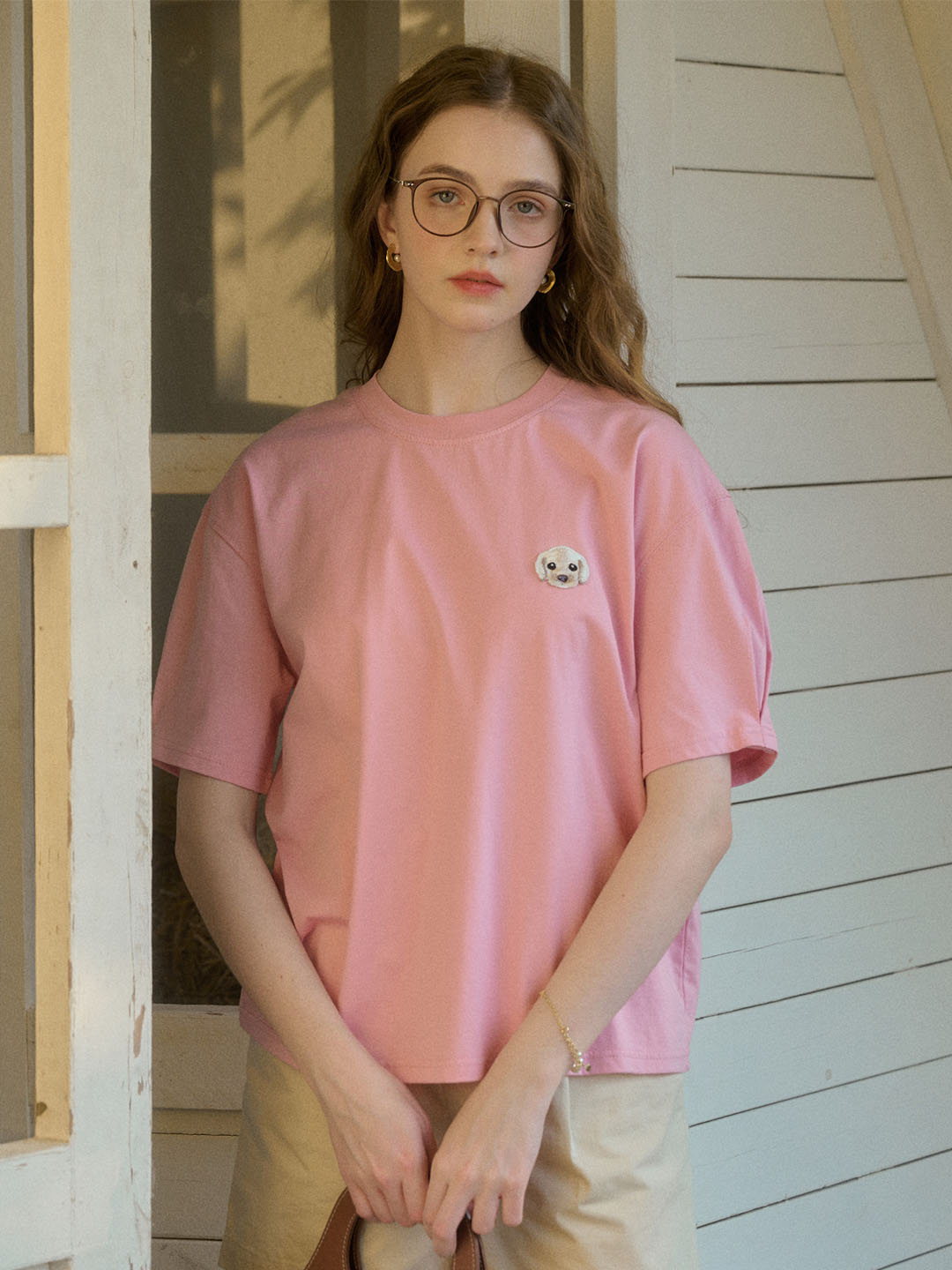 【Final Sale】Journey Puppy Applique Round Neck Short Sleeve Casual T-Shirt - Yellow