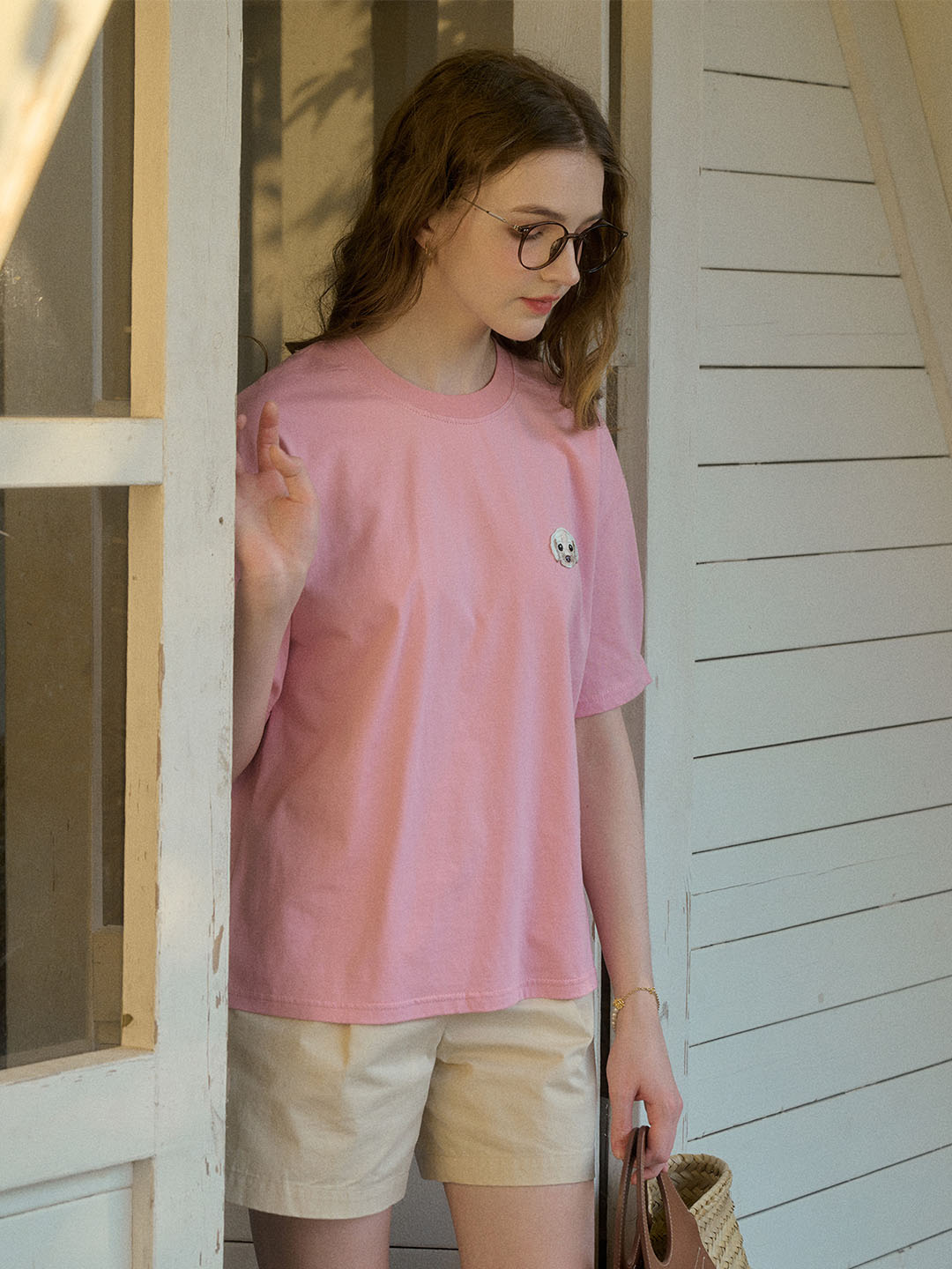 【Final Sale】Journey Puppy Applique Round Neck Short Sleeve Casual T-Shirt - Yellow
