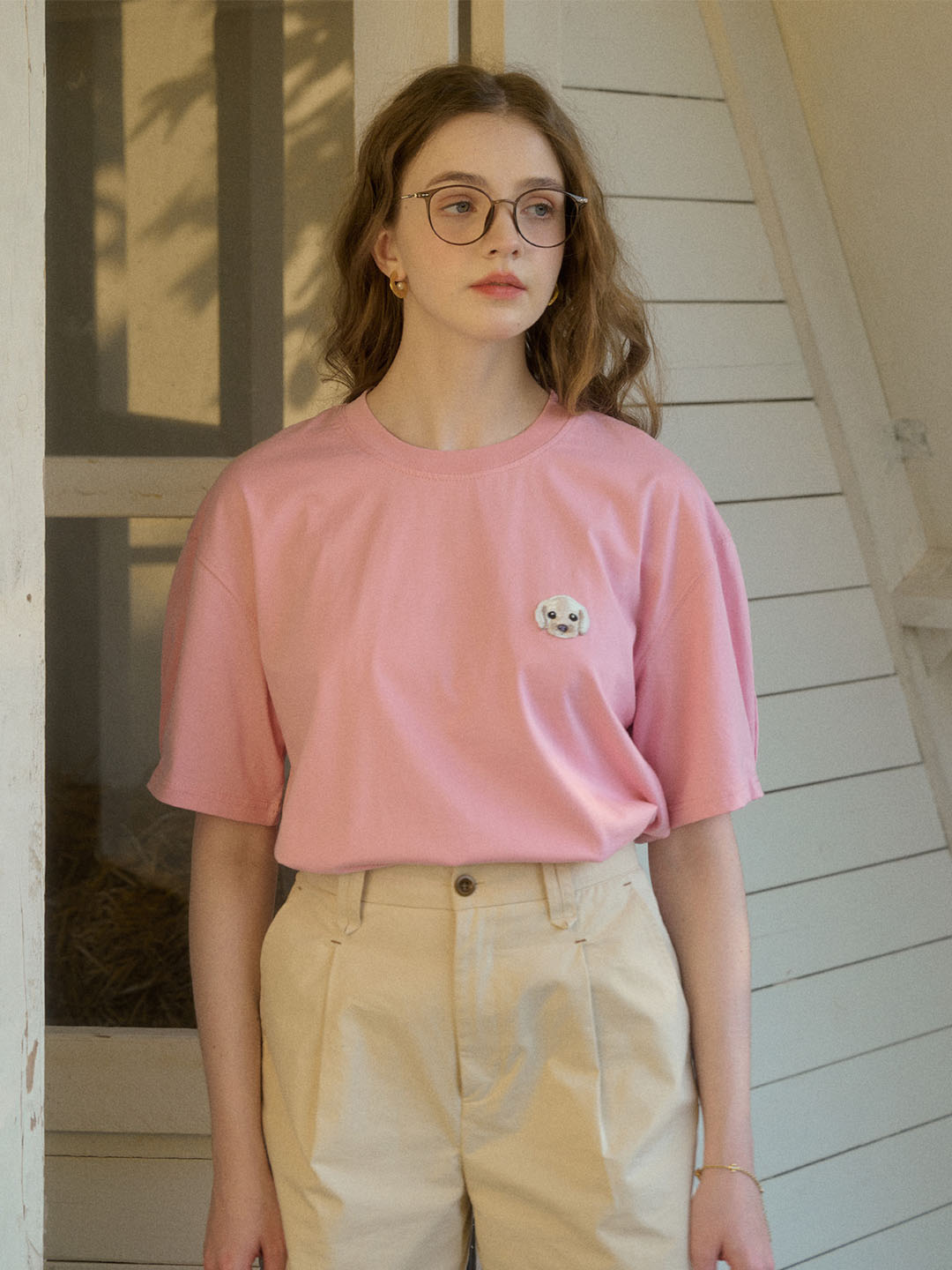 【Final Sale】Journey Puppy Applique Round Neck Short Sleeve Casual T-Shirt - Yellow
