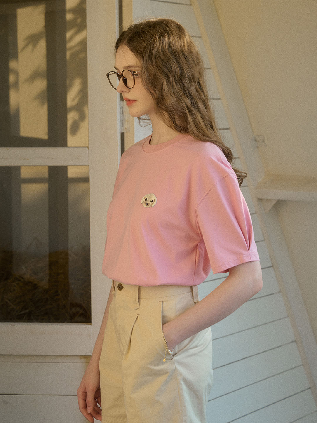 【Final Sale】Journey Puppy Applique Round Neck Short Sleeve Casual T-Shirt - Yellow