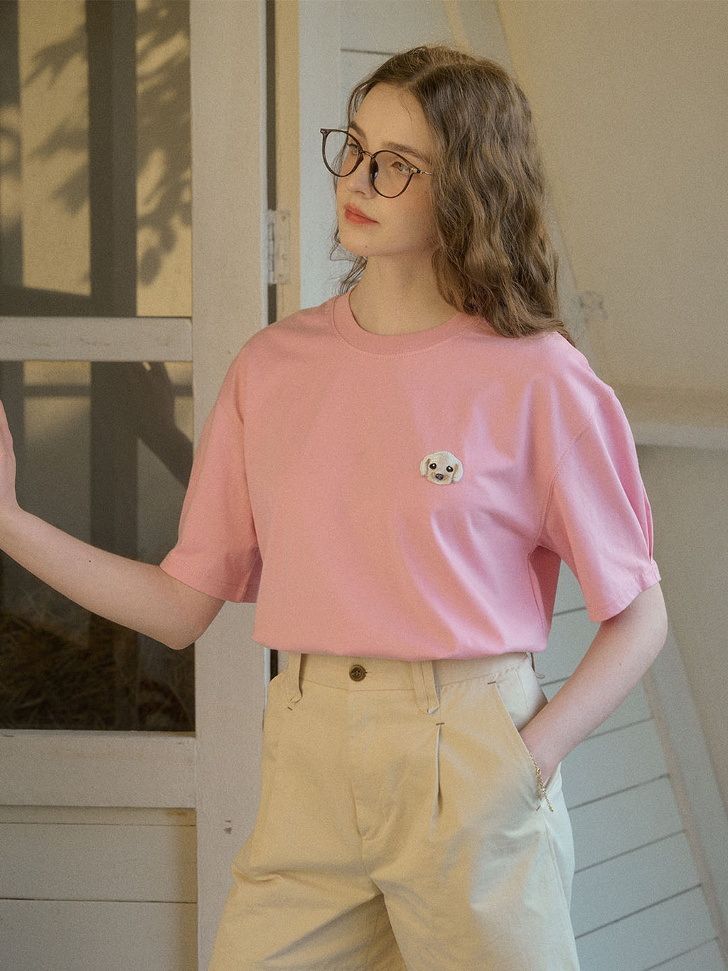 【Final Sale】Journey Puppy Applique Round Neck Short Sleeve Casual T Shirt