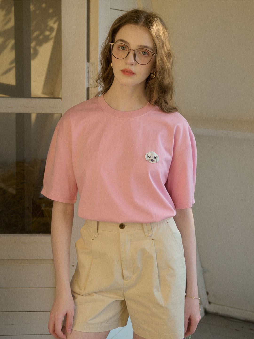 【Final Sale】Journey Puppy Applique Round Neck Short Sleeve Casual T-Shirt - Yellow