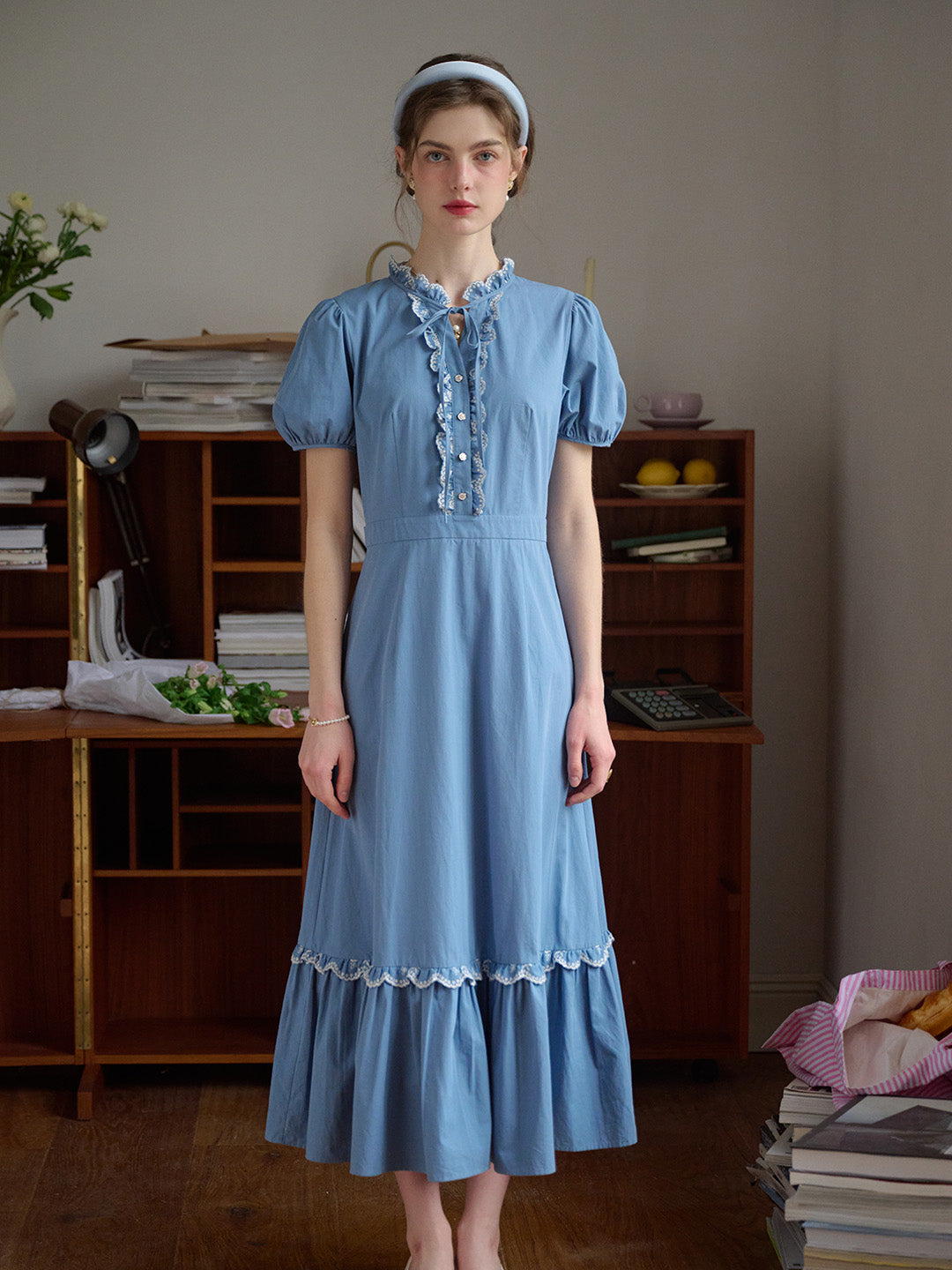 【Final Sale】Amelie Lace Collar Trimmed Lace-up Puff Sleeves 100% Cotton Dress