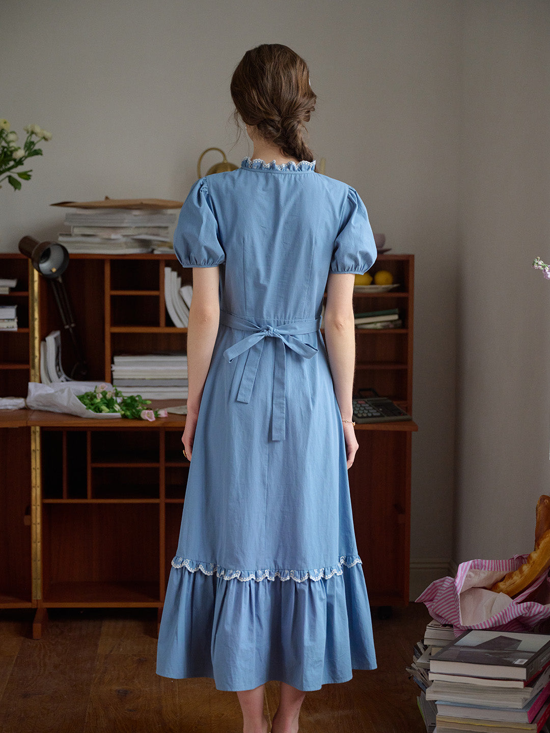 【Final Sale】Amelie Lace Collar Trimmed Lace-up Puff Sleeves 100% Cotton Dress