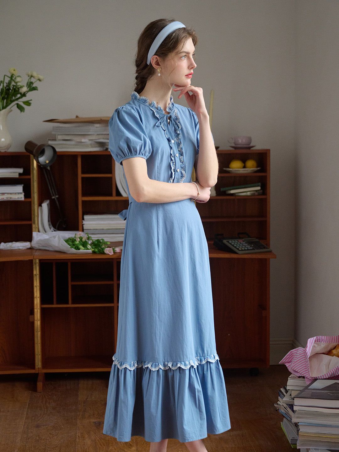 【Final Sale】Amelie Lace Collar Trimmed Lace-up Puff Sleeves 100% Cotton Dress
