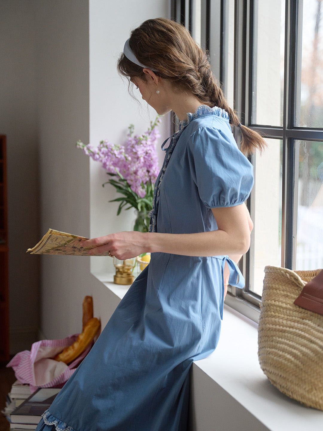 【Final Sale】Amelie Lace Collar Trimmed Lace-up Puff Sleeves 100% Cotton Dress