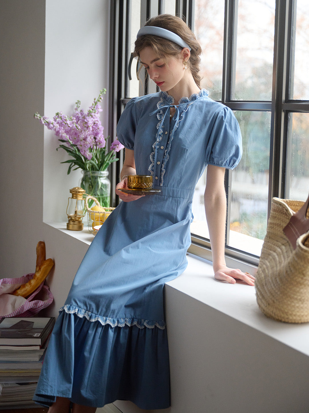 【Final Sale】Amelie Lace Collar Trimmed Lace-up Puff Sleeves 100% Cotton Dress