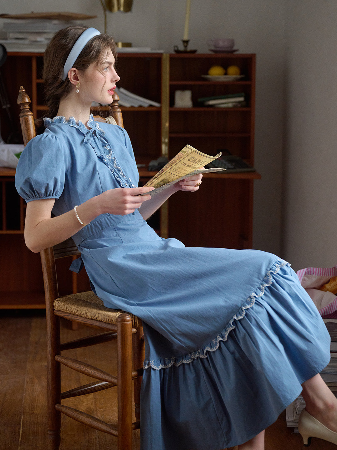【Final Sale】Amelie Lace Collar Trimmed Lace-up Puff Sleeves 100% Cotton Dress