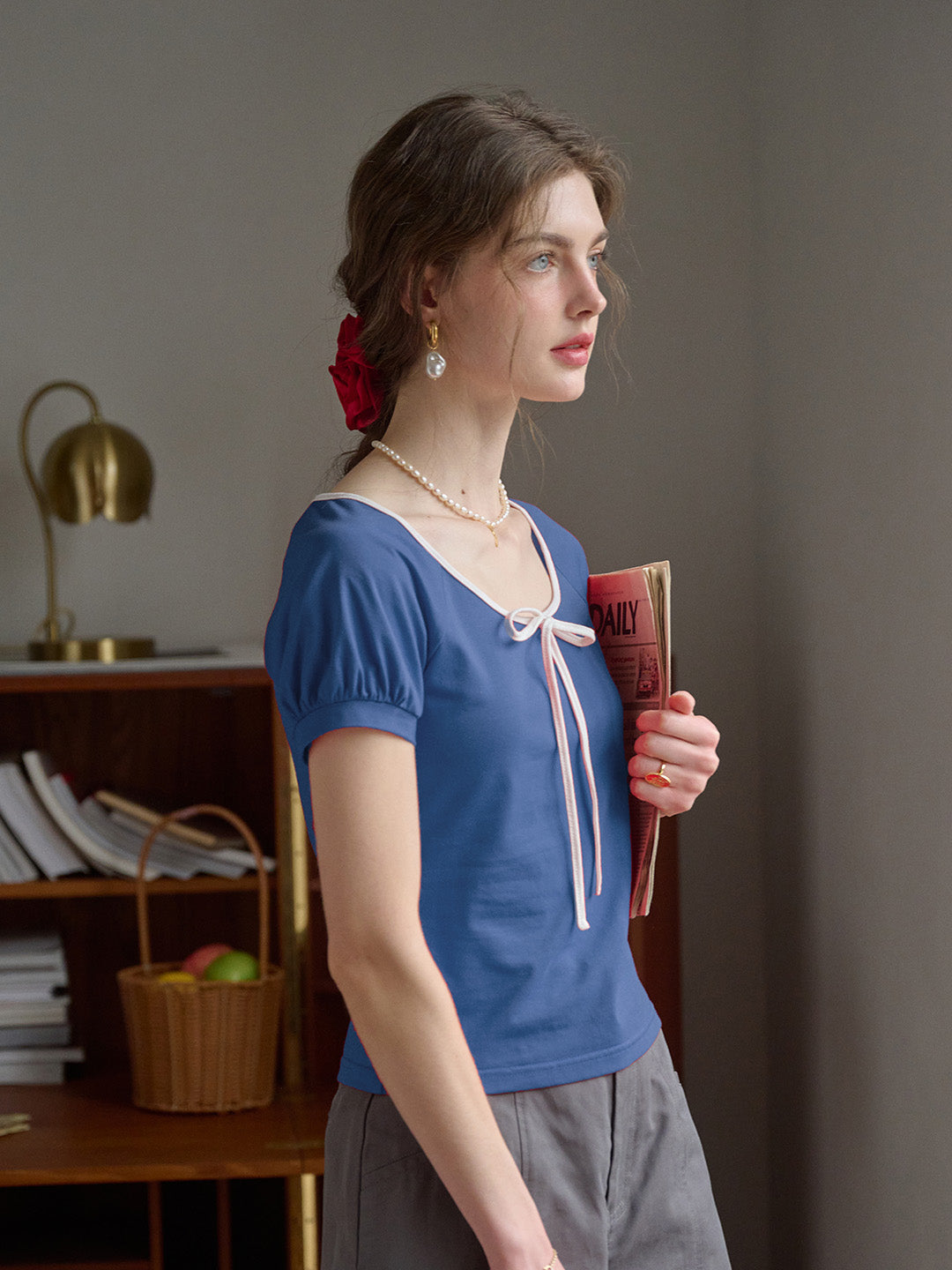 【Final Sale】 Ayra Round Neck Tie-Dye Short Sleeve Knit T-Shirt With Shoulder Insert - Blue