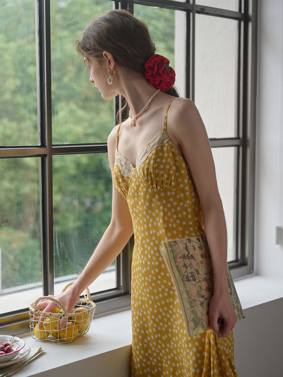 Juliana Lace Patchwork V-neck Floral Suspender Dress-Apricot Juliana Lace Patchwork V-neck Floral Suspender Dress-Apricot