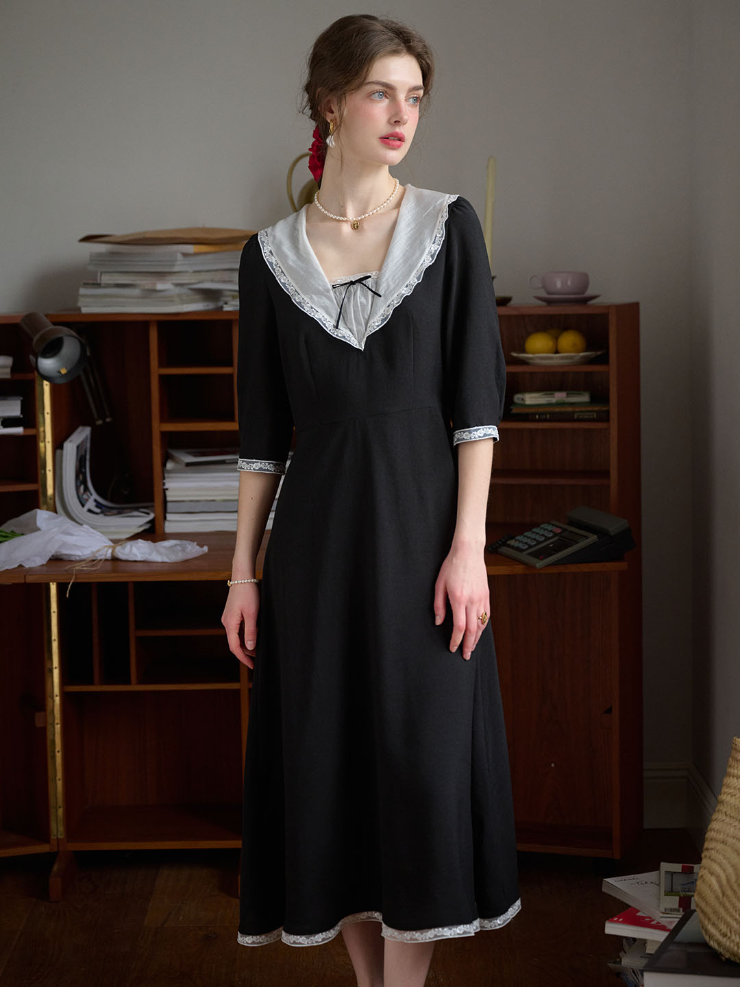 Annabelle Elegant Navy Collar Lace Contrast Dress