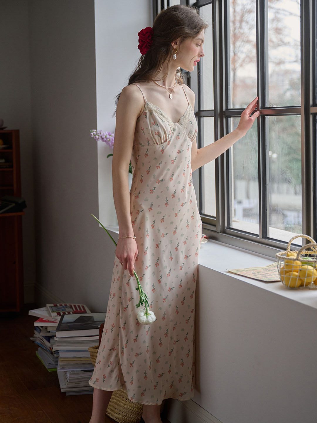 Juliana Lace Patchwork V-neck Floral Suspender Dress-Apricot Juliana Lace Patchwork V-neck Floral Suspender Dress-Apricot