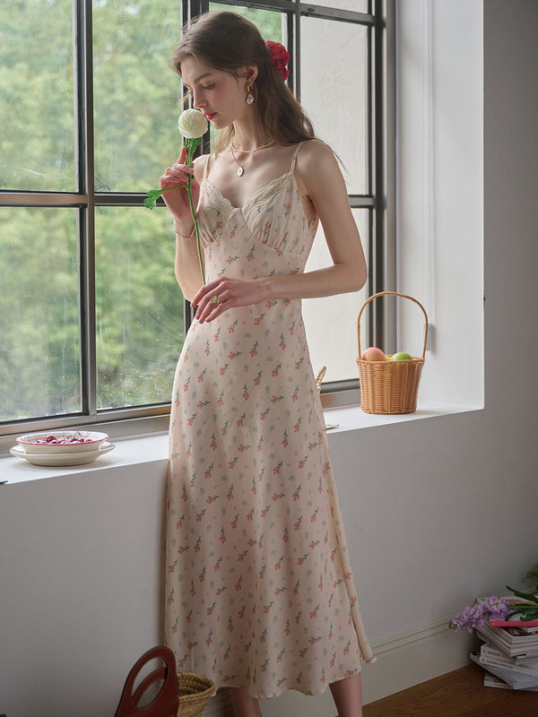 Juliana Lace Patchwork V-neck Floral Suspender Dress-Apricot