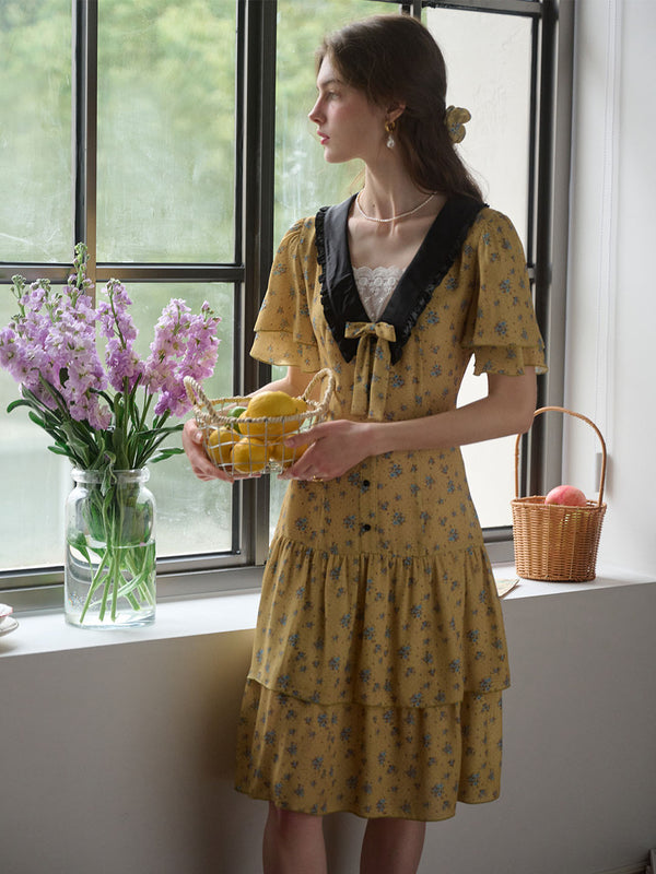 Alaya Bowknot Color-Block V-Neck Floral Printed Dress