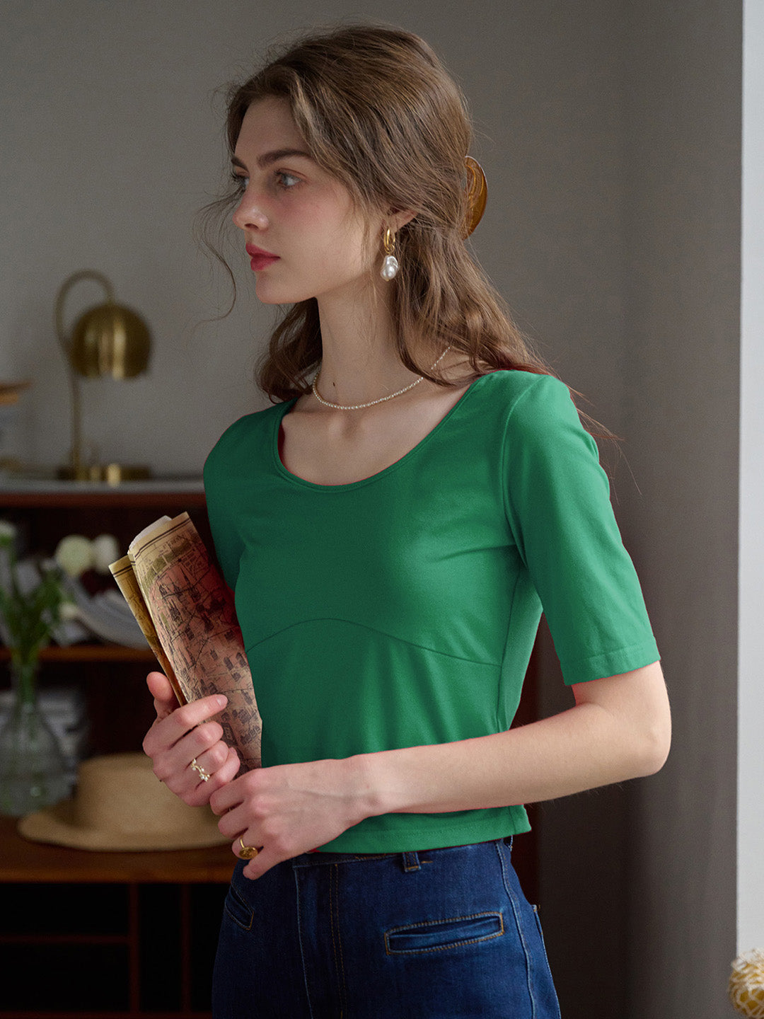 【Final Sale】Indigo Round Neck Knit Top - Green