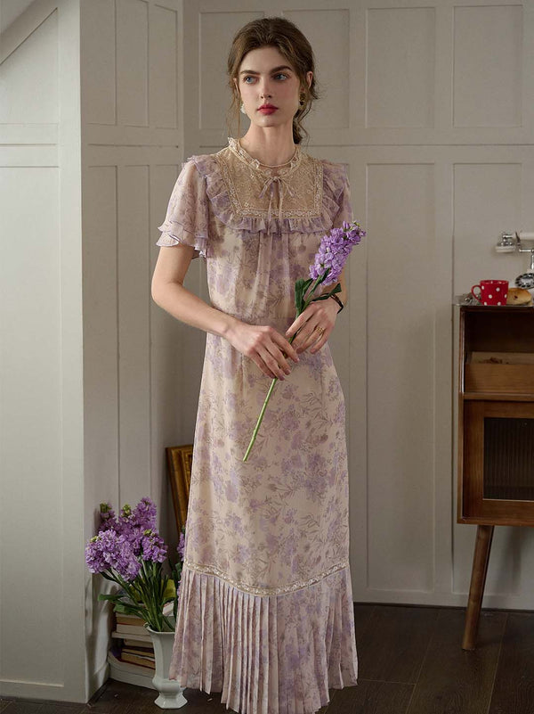 Catherine Lace Bow Pleated Hem Floral Print Dress