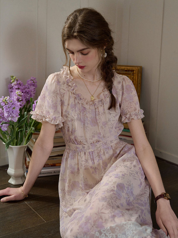 Alayah U-neck Ruffled Edge Floral Print Lace Dress